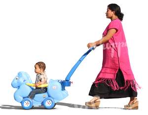 latina woman pushing a child in a toy carriage