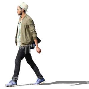 young man wearing a hat walking