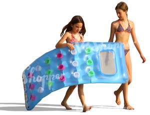 two girls carrying a floatie on the beach