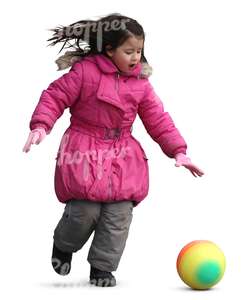 asian child in a pink jacket playing with a ball 