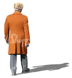 man in an orange winter coat walking