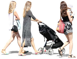 three women with baby carriage walking a baby