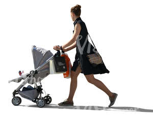 woman in a black dress pushing a baby carriage