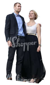 couple in formal wear standing on a balcony