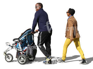 black couple with a baby carriage walking 