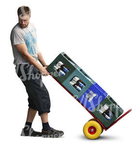 man pulling a pallet truck loaded with bottles