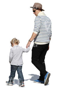 man walking hand in hand with his young son