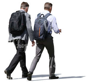 two businessmen with backpacks walking and talking