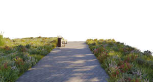 rendering of a foreground with paved road and flowerbeds