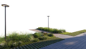 rendered foreground of a pedestrian road with some plants and flowerbeds