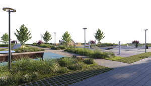 rendered foreground of a pedestrian area with paths and vegetation