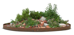 outdoor planter composition with plants, flowers and brick rubble