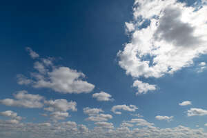 daytime sky with sun behind small white clouds