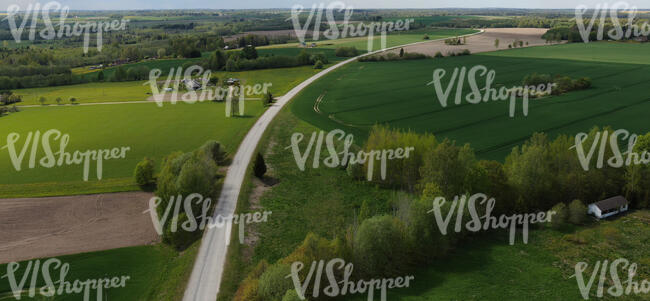 countryside with houses and fields seen from above