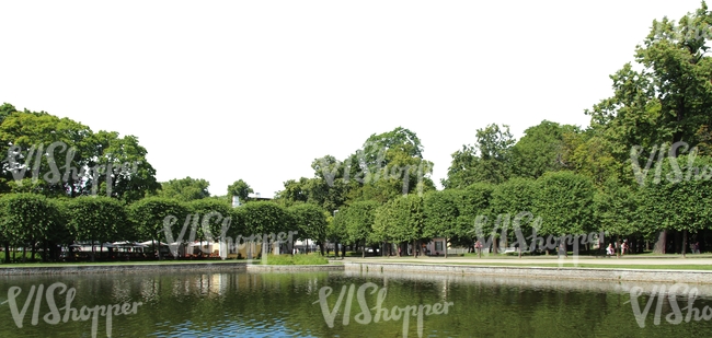park with decorative trees and a pond