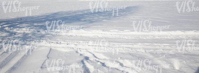 field of snow with tracks and tree shadow