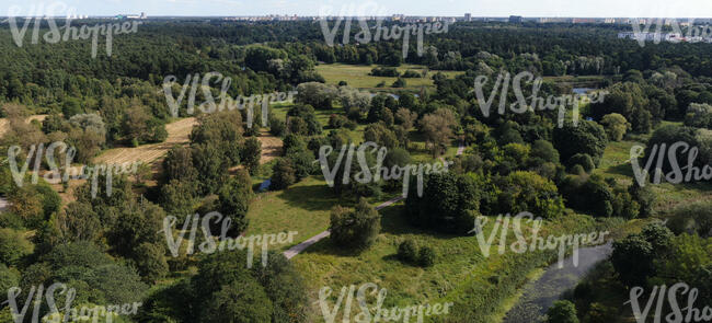 aerial view of the forests near a big city