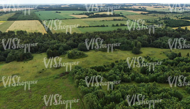 aerial view of a landscape with fields and shrubbery