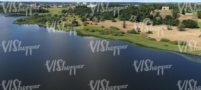 aerial view of a lake bank