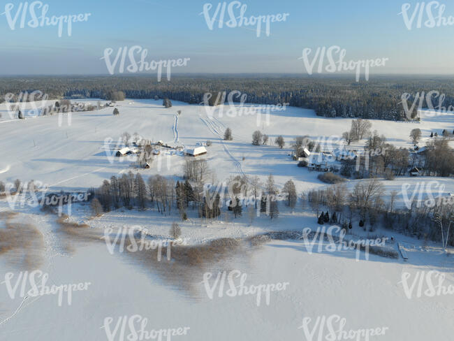 aerial view of a countryside in winter