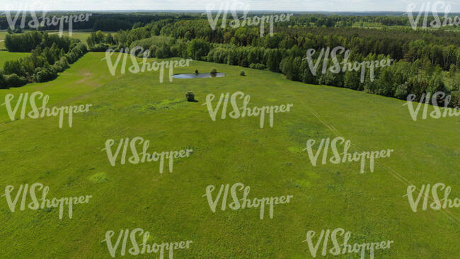 aerial view  of a countryside with green meadows and forests and a lake