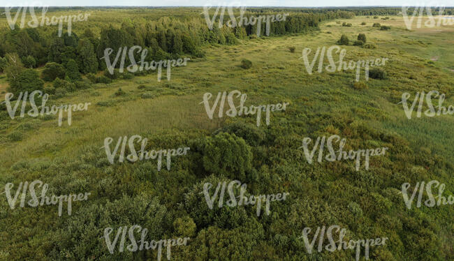 aerial view of a landscape with forests and meadows