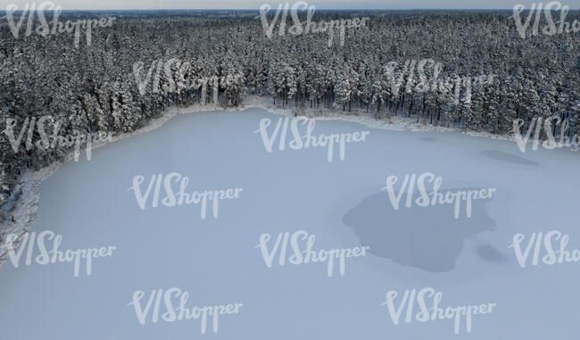 aerial view of a frozen lake and forest in winter