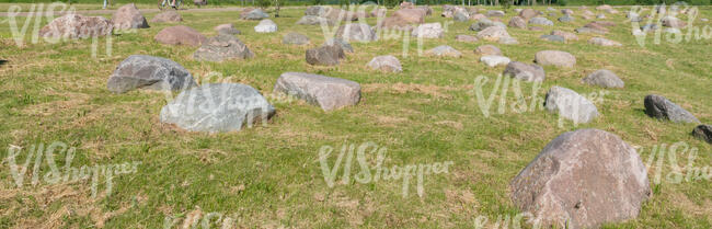 grass field with many big stones