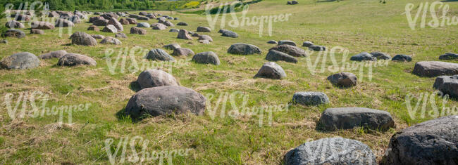 grassy field with rubble stones
