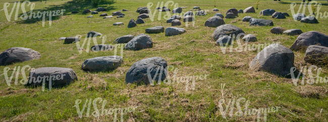 grass field with rubble stones