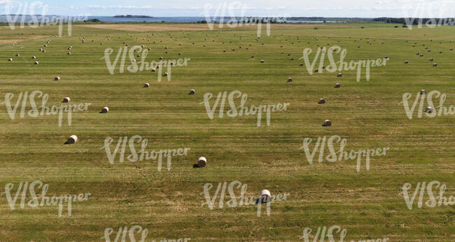 aerial photo of a hay field with hay bales