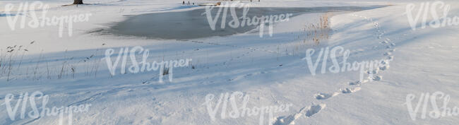 snowy field with a little pond