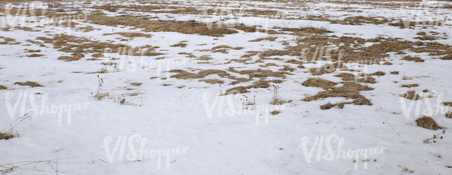 a field partially covered with snow