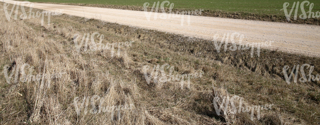 dirt road and dry hay in the foreground