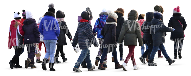 group of children walking in winter