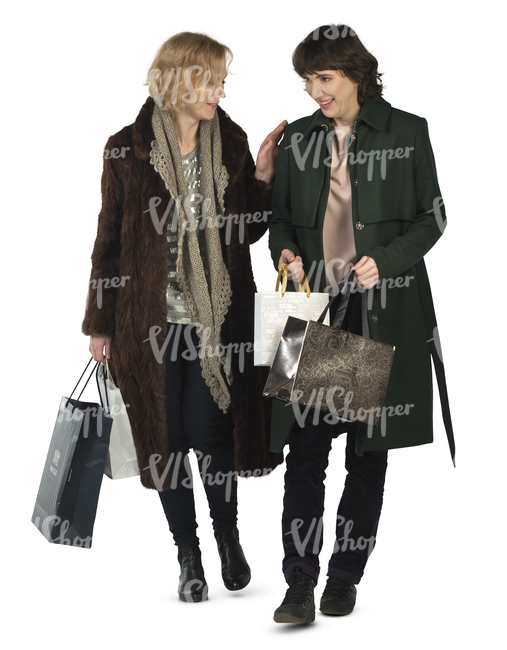 two women with shopping bags walking and talking