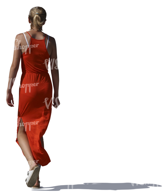 woman in a long red dress walking