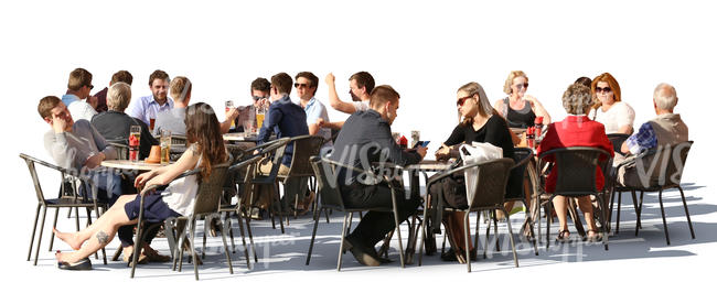 street cafe scene with many groups of people sitting and talking