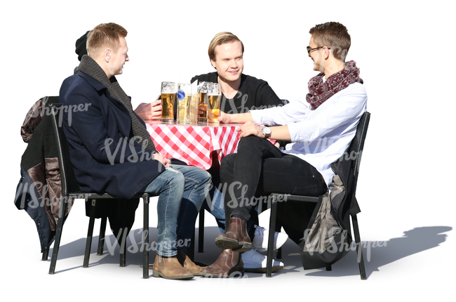 four young men sitting in a cafe and drinking beer
