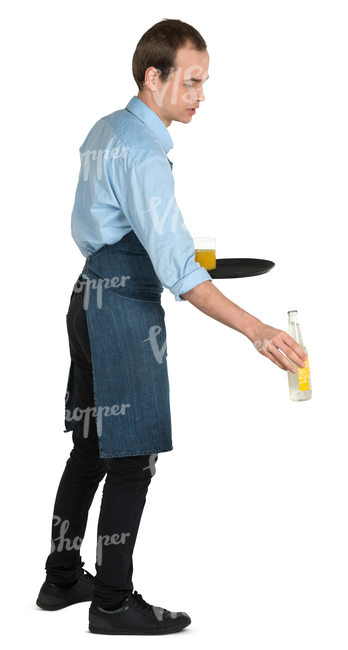 young waiter putting drinks on the table
