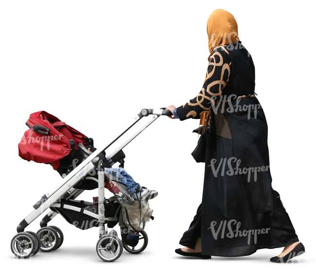 muslim woman pushing a baby carriage