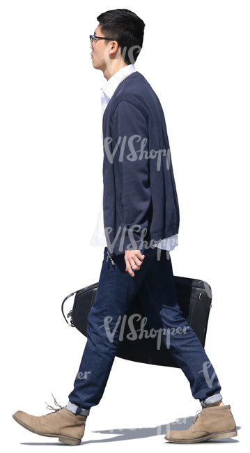 young asian man with a large bag walking