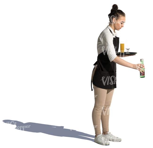 young waitress putting drinks on the table