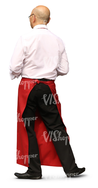 male waiter with a red apron standing