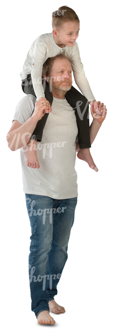 barefoot man walking and carrying his son his shoulders