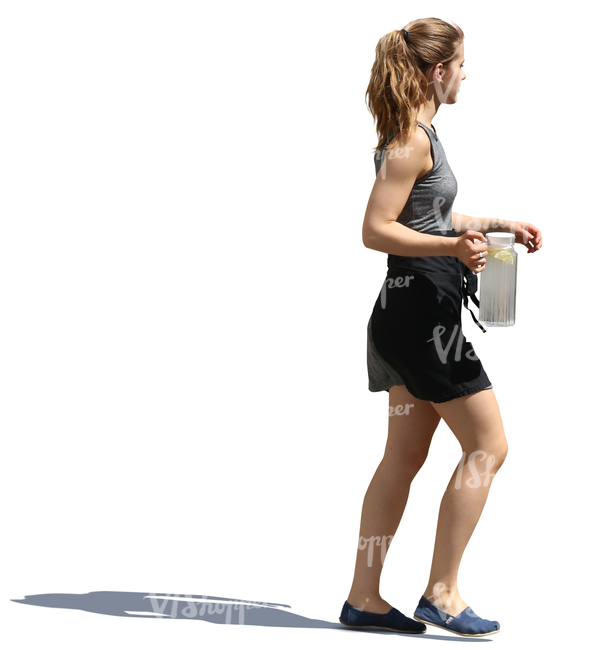 young waitress taking a can of water to the table