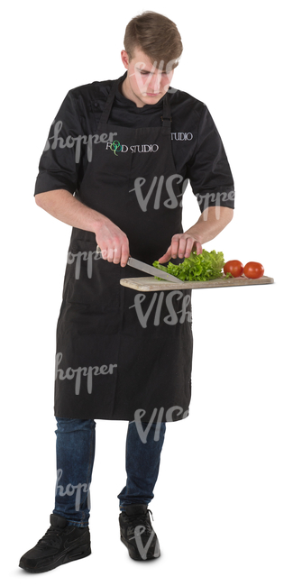 young chef cutting vegetables