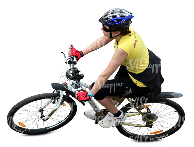woman with a helmet riding a bike seen from above