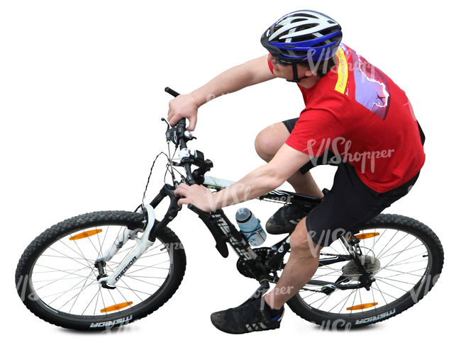 man with a helmet riding a bike seen from above