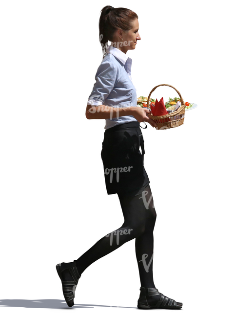 waitress walking and carrying a bread basket and plates